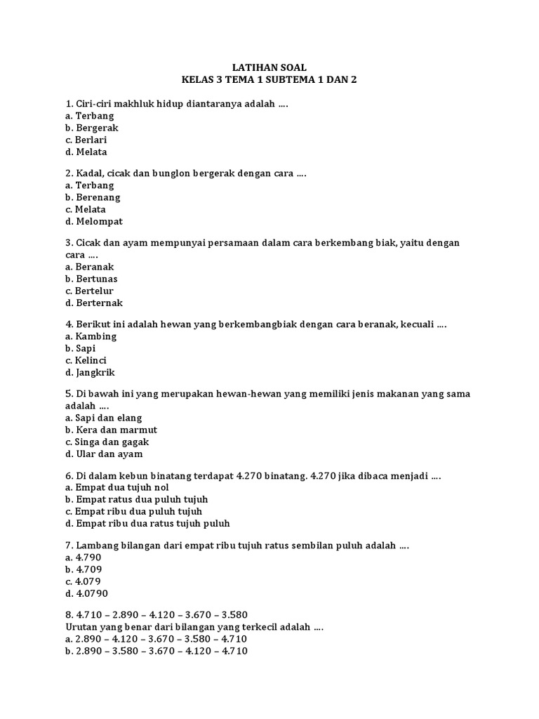 10 Latihan Soal Kelas 3 SD Tema Subtema 1-2 yang Wajib Dikuasai Sebelum Ulangan 10 Latihan Soal Kelas 3 SD Tema Subtema 1-2 yang Wajib Dikuasai Sebelum Ulangan