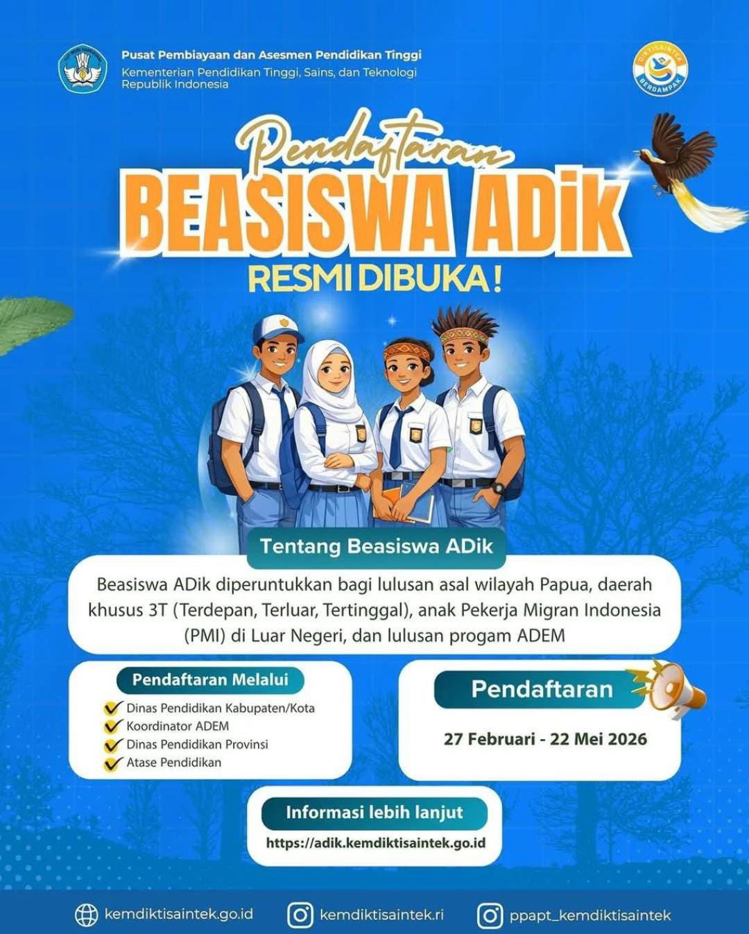 Pendaftaran Beasiswa ADIK 2026 Resmi Dibuka Dinas Pendidikan Papua Pendaftaran Beasiswa ADIK 2026 Resmi Dibuka Dinas Pendidikan Papua