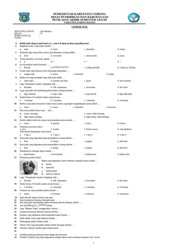 Soal Seni Budaya Kelas 4 2025 PDF Soal Seni Budaya Kelas 4 2025 PDF
