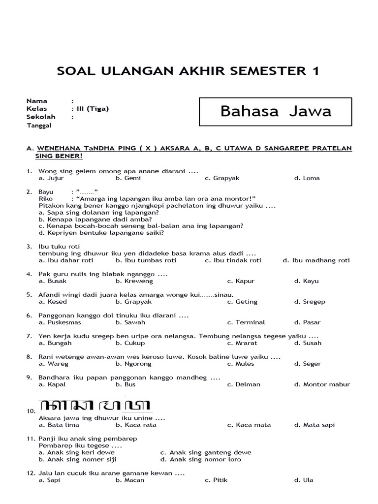 5 Bank Soal UTS Bahasa Jawa Kelas 2 Semester 2 Paling Akurat Sebelum Ujian Tiba