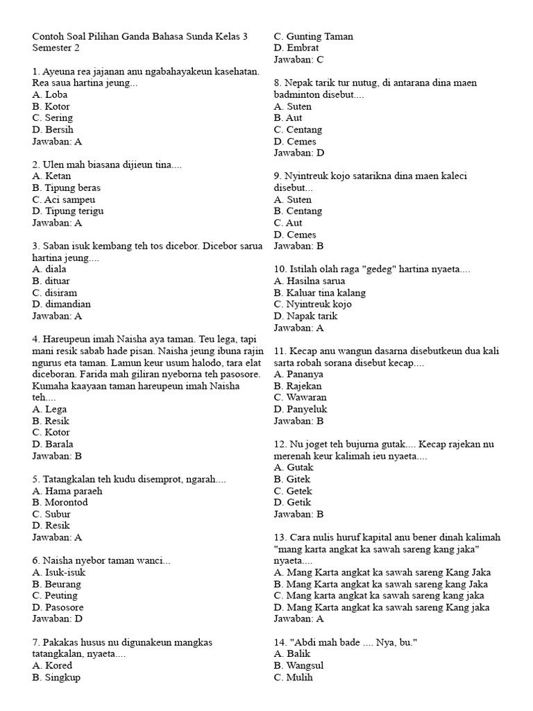 Contoh Soal Pilihan Ganda Bahasa Sunda Kelas 3 Semester 2 PDF