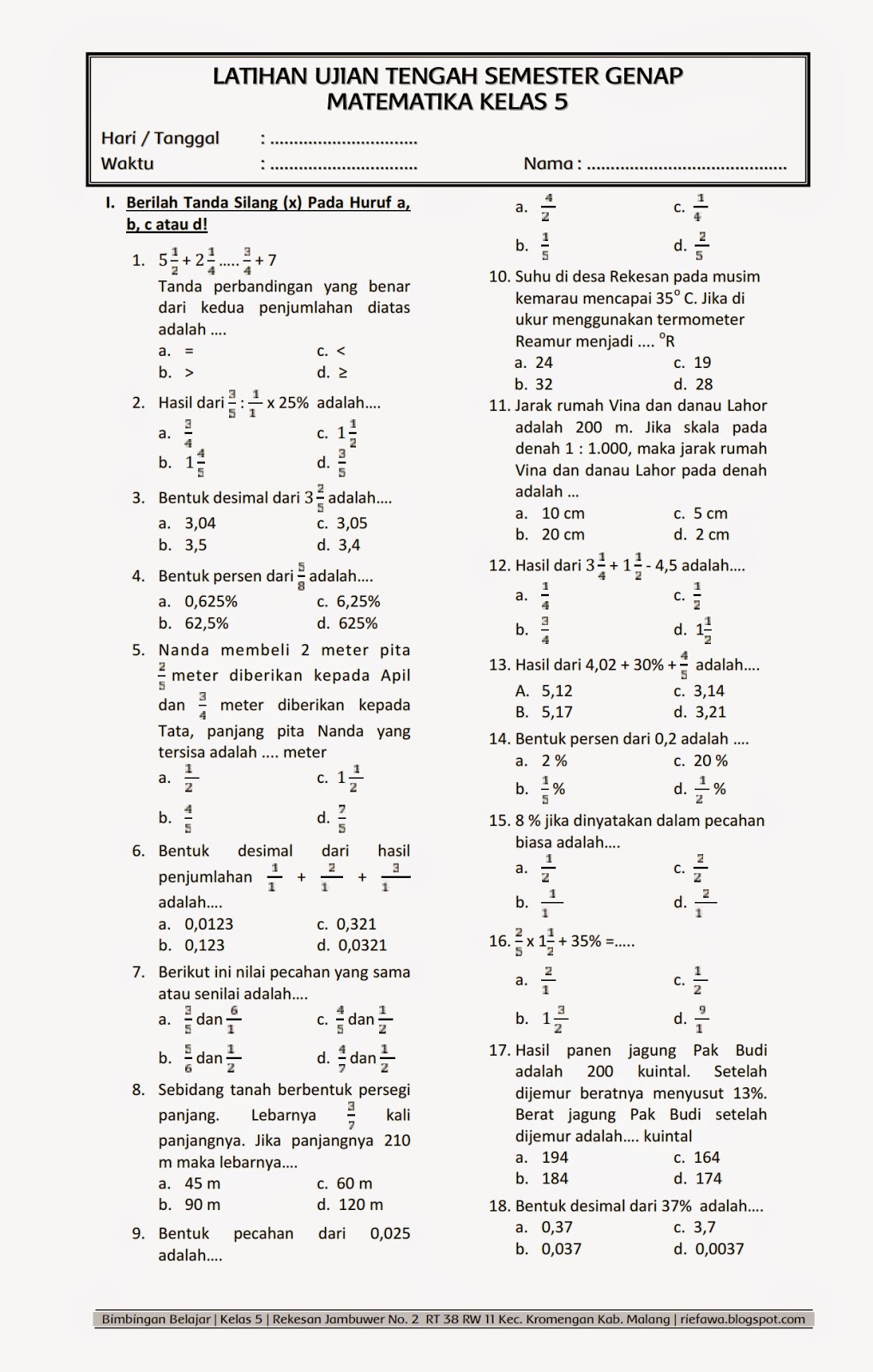 7 Bank Soal Ulangan Harian Matematika Kelas 5 Semester 2 Siap Cetak, Wajib Punya