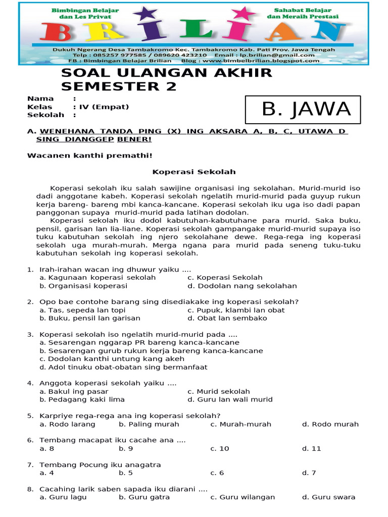 7 Contoh Soal Semester 2 Kelas 4 SD Bahasa Jawa yang Wajib Diketahui Sebelum Ujian 7 Contoh Soal Semester 2 Kelas 4 SD Bahasa Jawa yang Wajib Diketahui Sebelum Ujian