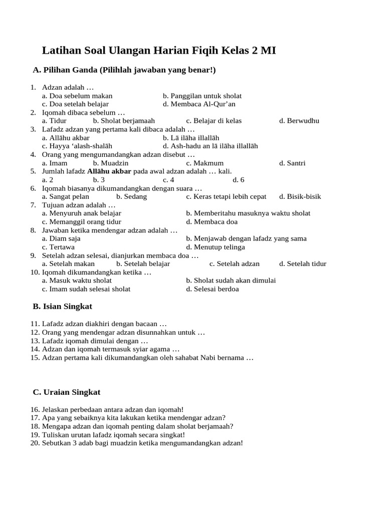 Soal Ulangan Fiqih Kelas 2 MI PDF Soal Ulangan Fiqih Kelas 2 MI PDF