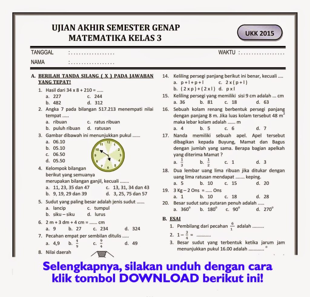 8 Contoh Soal Matematika Kelas 3 SD Semester 2 Beserta Jawabannya yang Wajib Dikuasai