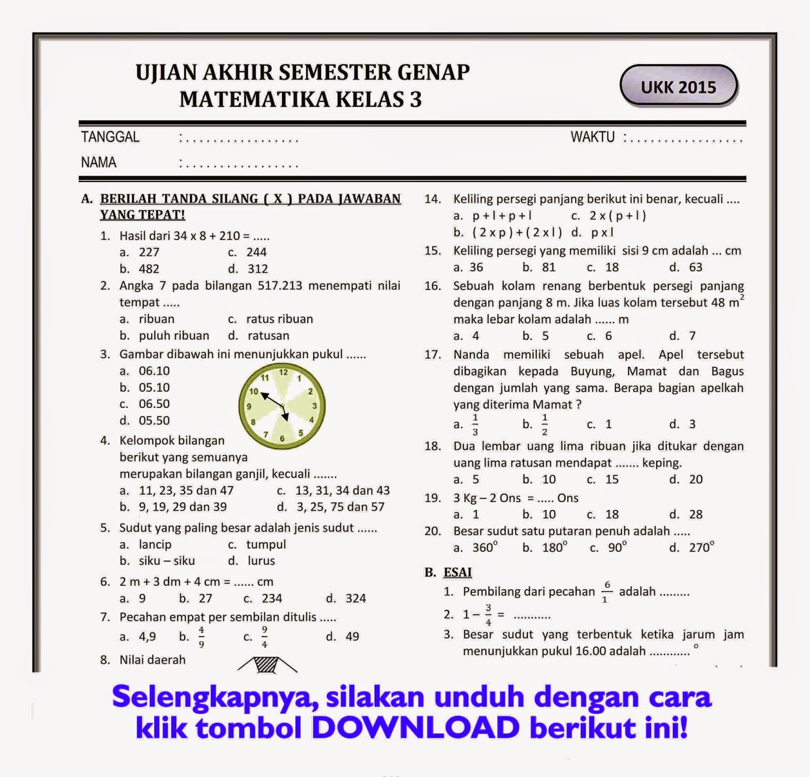 8 Contoh Soal Matematika Kelas 3 SD Semester 2 Beserta Jawabannya yang Wajib Dikuasai