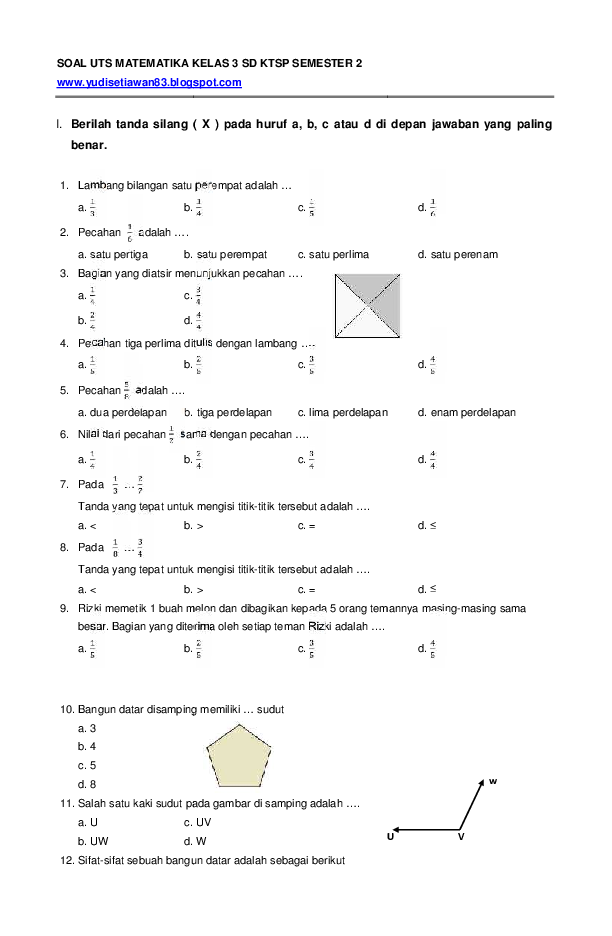 contoh soal uts matematika kelas 3 sd