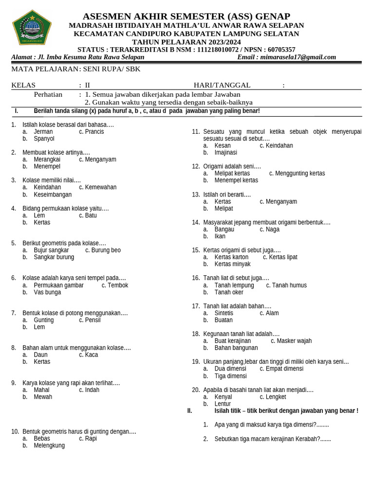 Rahasia Skor Tinggi dengan Latihan Soal SBK Kelas 2 SMA Semester 2 Terbaru Rahasia Skor Tinggi dengan Latihan Soal SBK Kelas 2 SMA Semester 2 Terbaru