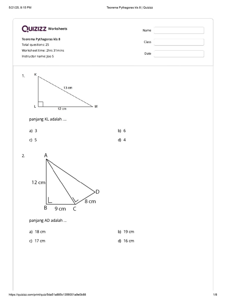 Wajib Tahu! Ini Kumpulan Latihan Soal Pythagoras Kelas 8 PTS Semester 2 Kurikulum 2013