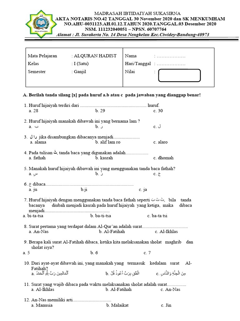 Wajib Tahu! Kumpulan latihan soal quran hadits kelas 1 semester 2 Agar Anak Makin Pintar Wajib Tahu! Kumpulan latihan soal quran hadits kelas 1 semester 2 Agar Anak Makin Pintar